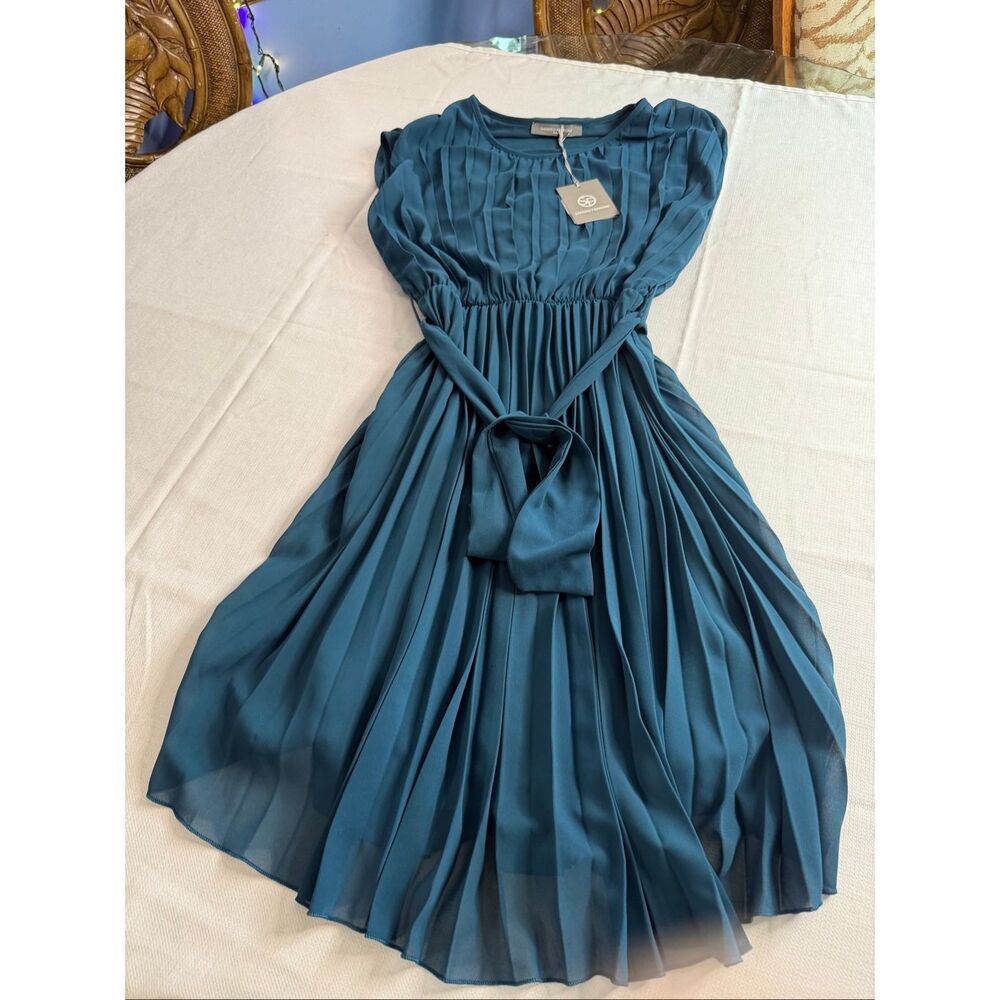 Sandro Ferrone Teal Pleated Midi Dress Women’s Large IT 46 Made in Italy Belted